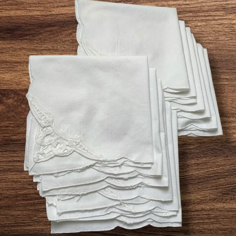 Battenburg Lace Corner Dinner Napkins Set 12 White Cotton Openwork Cottage 16x15